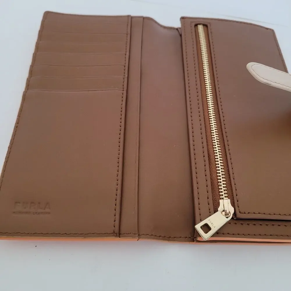 Furla Sofia Grainy Leather‎ Wallet Large Italian Bifold Large Orange Long Design